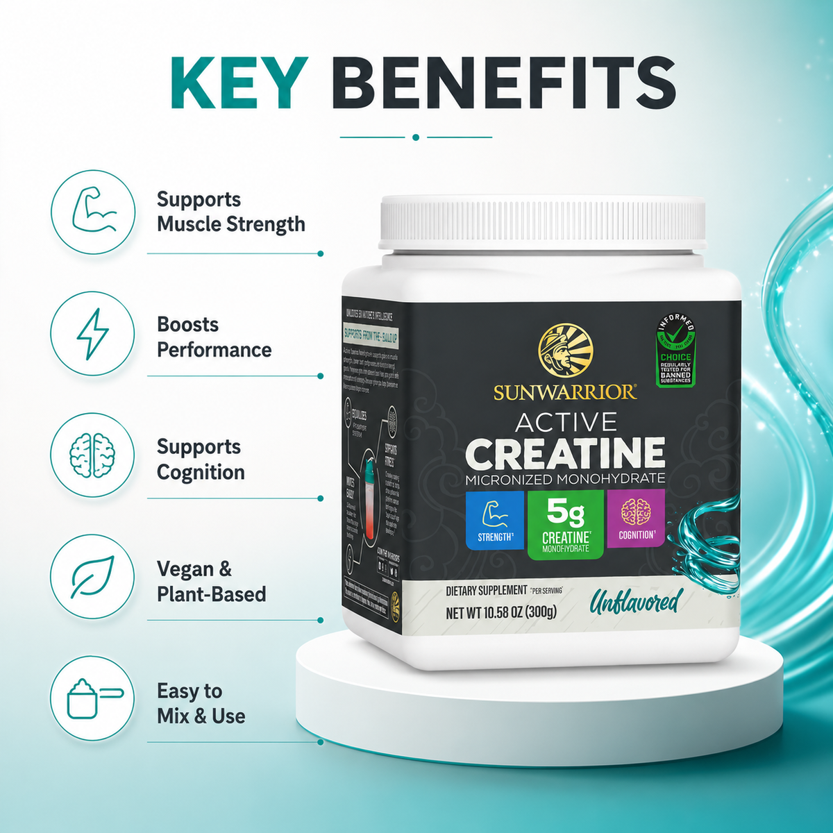 Sunwarrior Active Creatine Micronized Monohydrate Unflavored 300g dietary supplement powder for muscle strength support