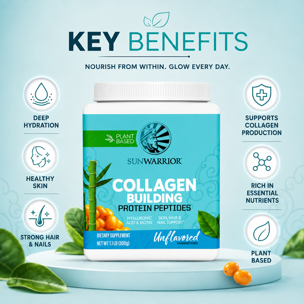 Sunwarrior Collagen Building Protein Peptides 500g dietary supplement powder for plant-based skin, hair and nail support