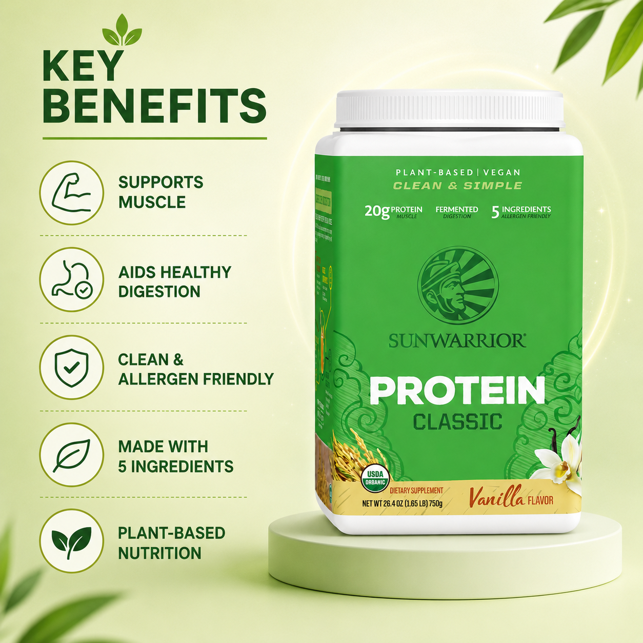 Sunwarrior Protein Classic Vanilla Flavor 750g plant-based protein powder for muscle support