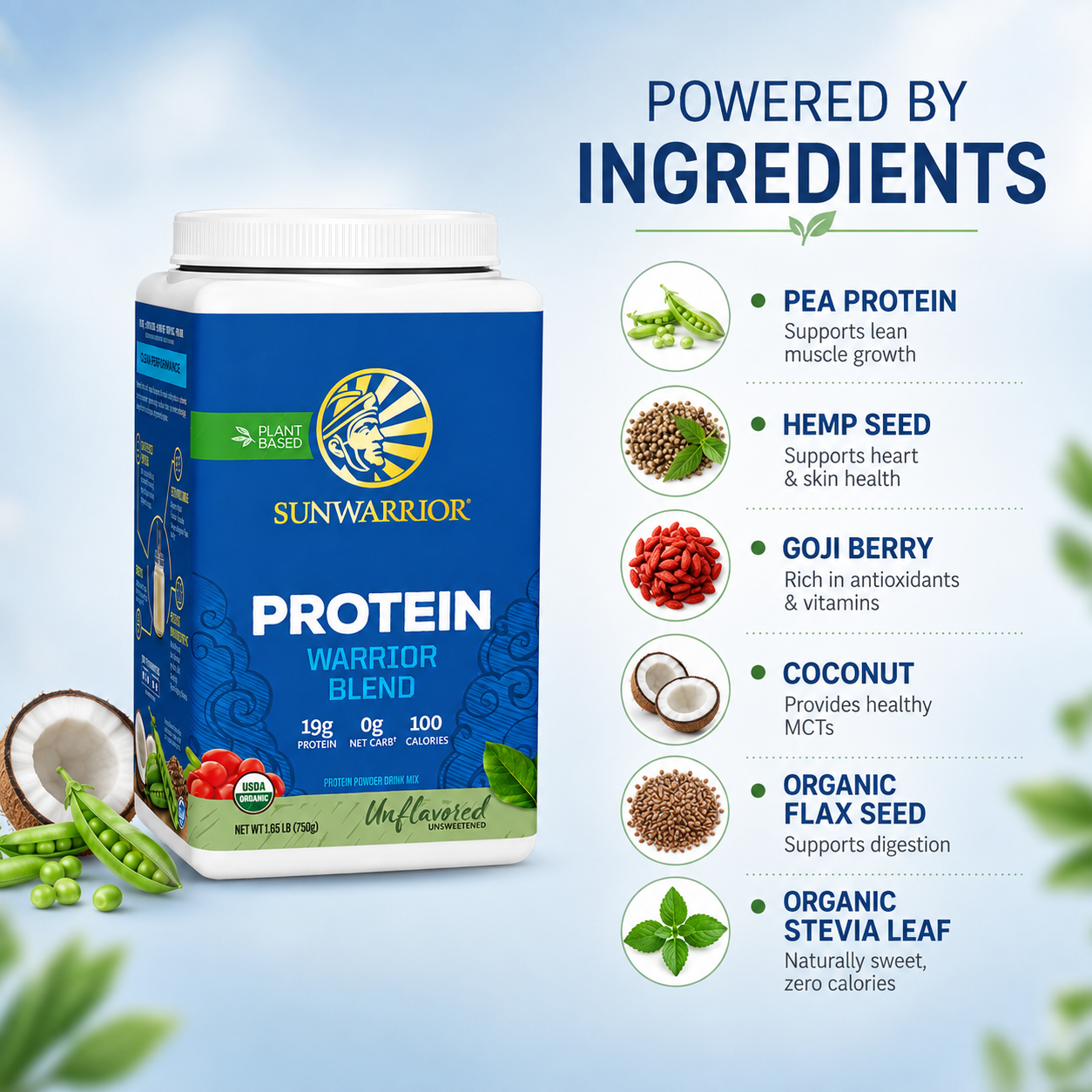 Sunwarrior Protein Warrior Blend plant-based protein powder, unflavored and unsweetened, 750g, with 19g protein per serving.
