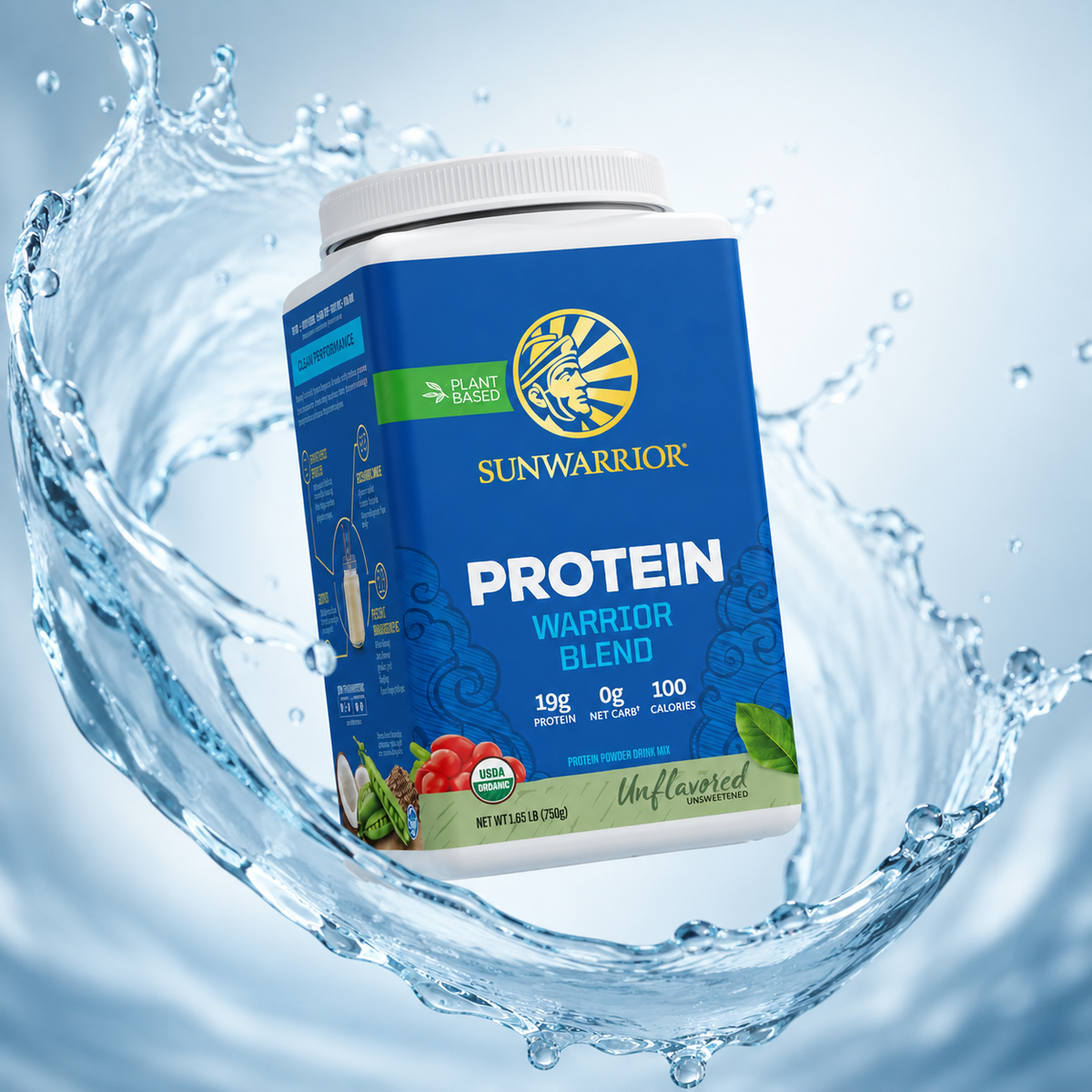Sunwarrior Protein Warrior Blend plant-based protein powder, unflavored and unsweetened, 750g, with 19g protein per serving.