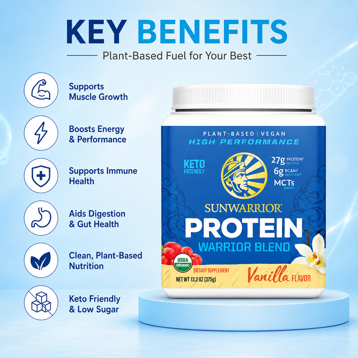 Sunwarrior Protein Warrior Blend Vanilla Flavor plant-based protein powder 375g for muscle support