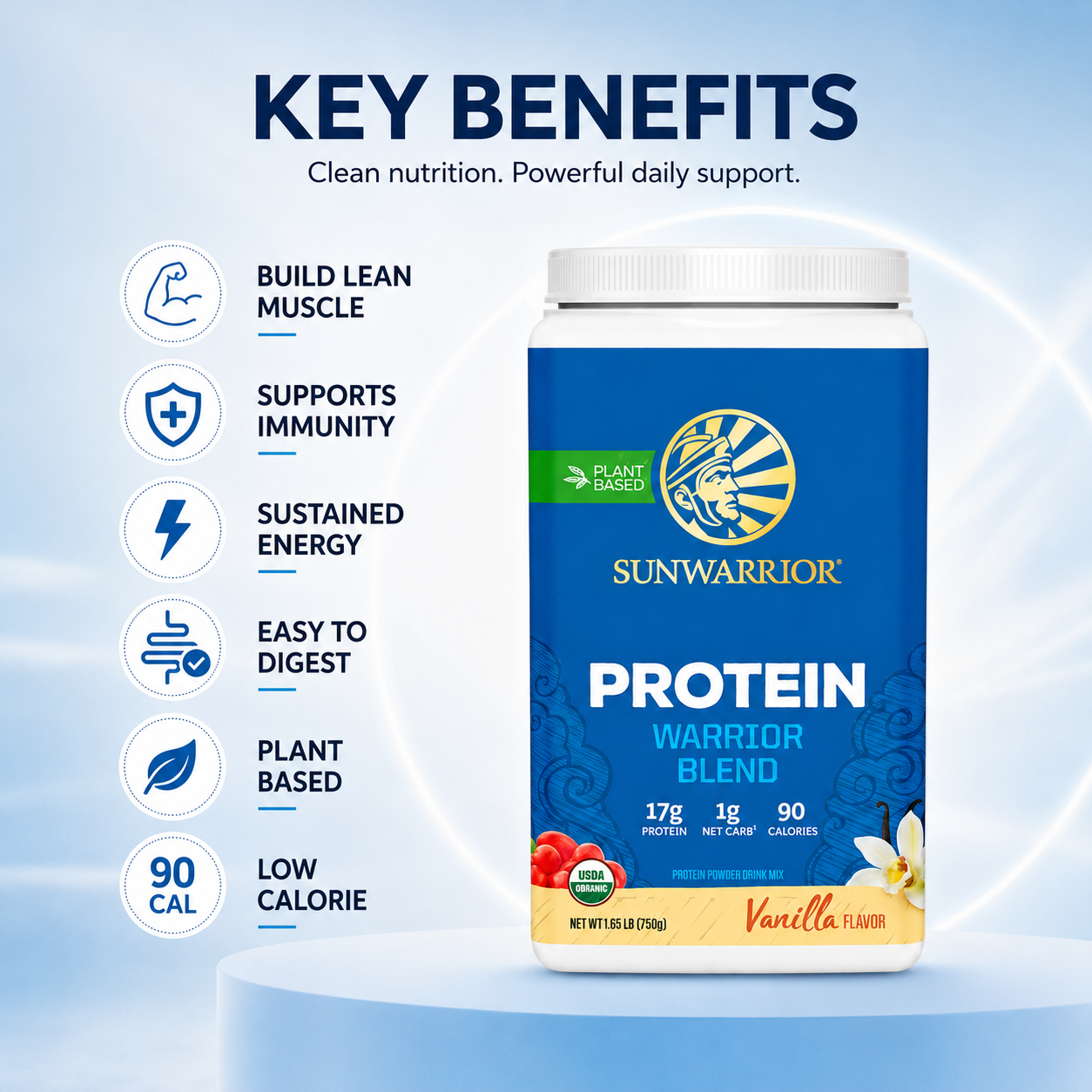 Sunwarrior Protein Warrior Blend Plant-Based Protein Vanilla Flavor 750g, plant-based protein powder for muscle support.