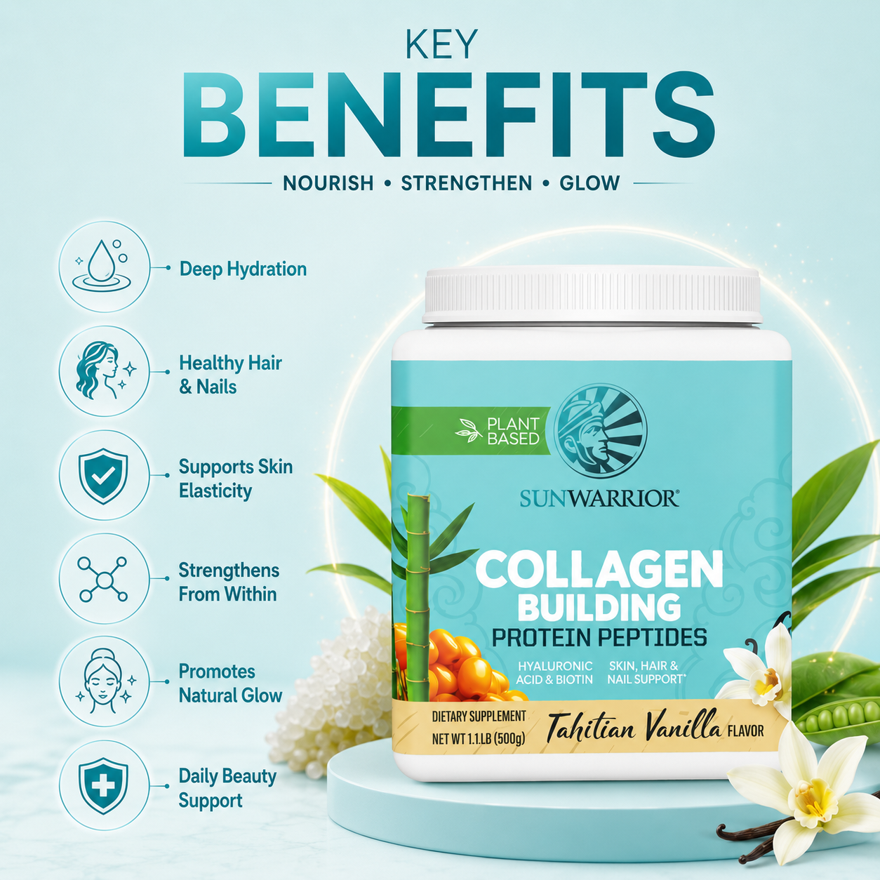 Sunwarrior Collagen Building Protein Peptides Tahitian Vanilla Flavor 500g plant-based protein powder for skin hair and nails