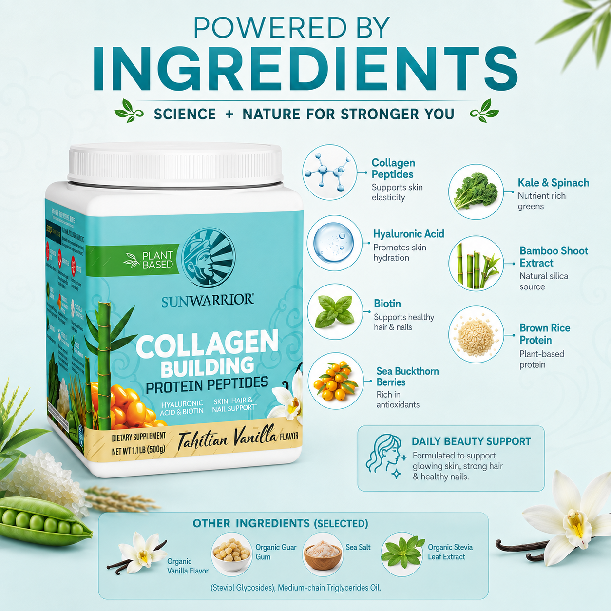 Sunwarrior Collagen Building Protein Peptides Tahitian Vanilla Flavor 500g plant-based protein powder for skin hair and nails