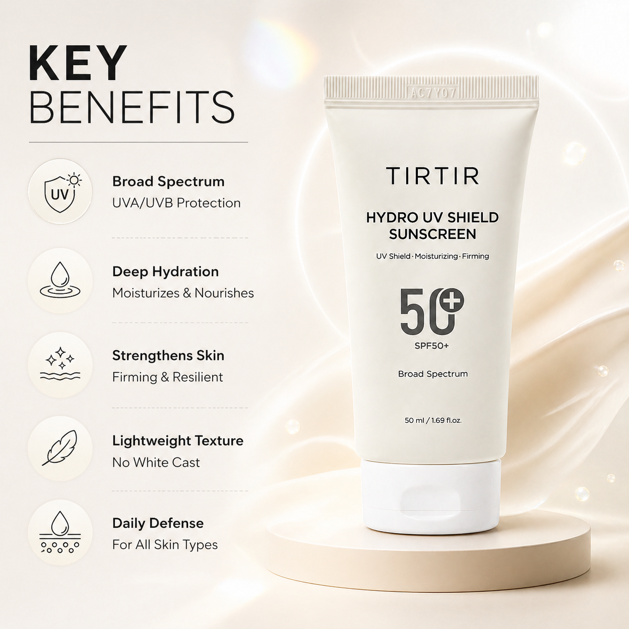 TIRTIR Hydro UV Shield Sunscreen SPF50+ 50ml face sunscreen providing broad spectrum UV protection with hydrating lightweight finish