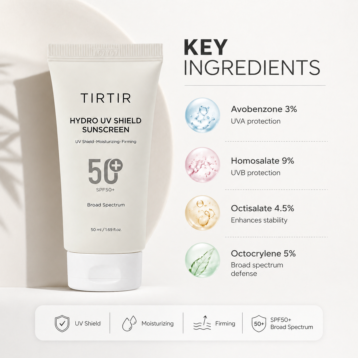 TIRTIR Hydro UV Shield Sunscreen SPF50+ 50ml face sunscreen providing broad spectrum UV protection with hydrating lightweight finish