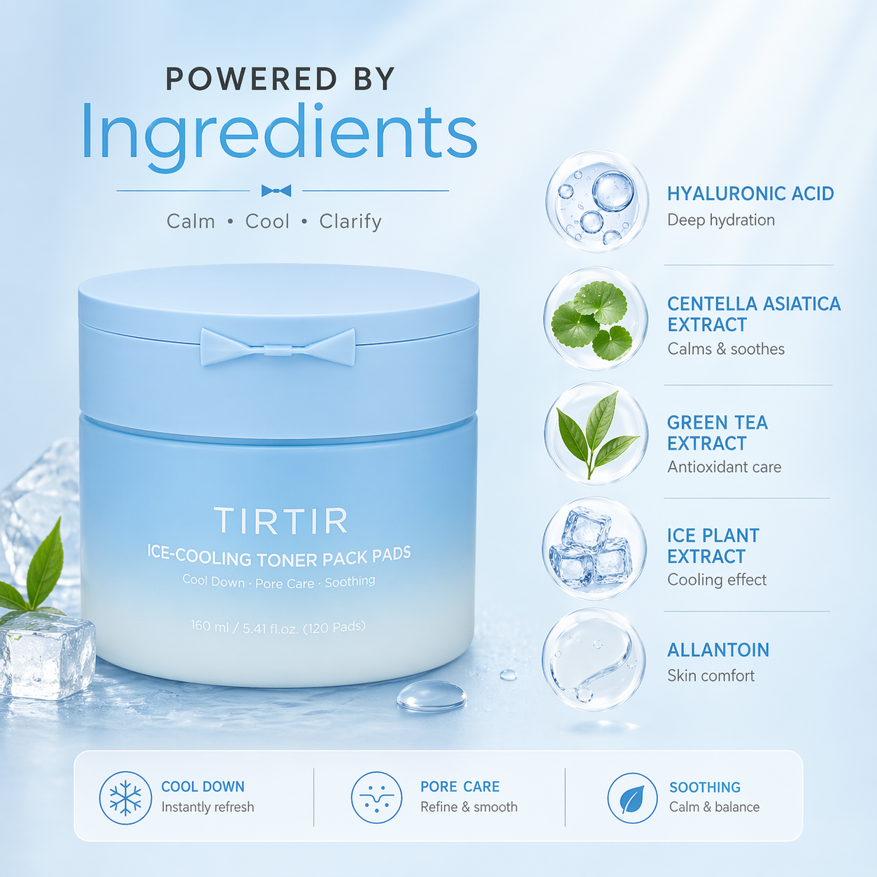 TIRTIR Ice Cooling Toner Pack Pads 160ml facial toner pads for pore care and soothing hydration in a blue jar