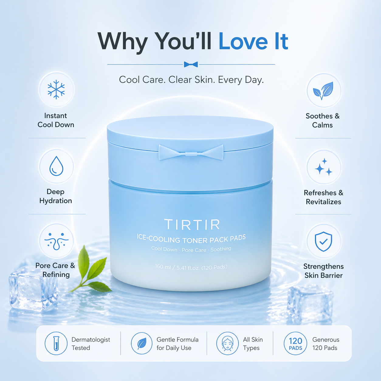 TIRTIR Ice Cooling Toner Pack Pads 160ml facial toner pads for pore care and soothing hydration in a blue jar
