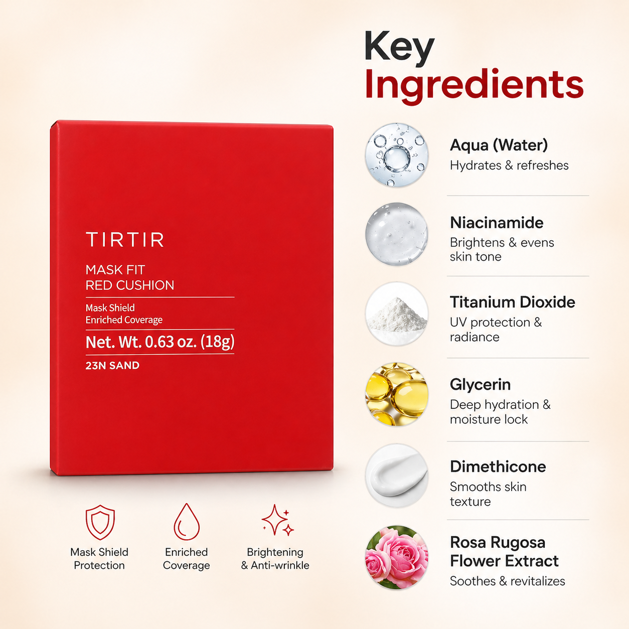 TIRTIR Mask Fit Red Cushion 23N Sand cushion foundation 18g with full coverage formula for smooth, long-lasting and even skin tone finish