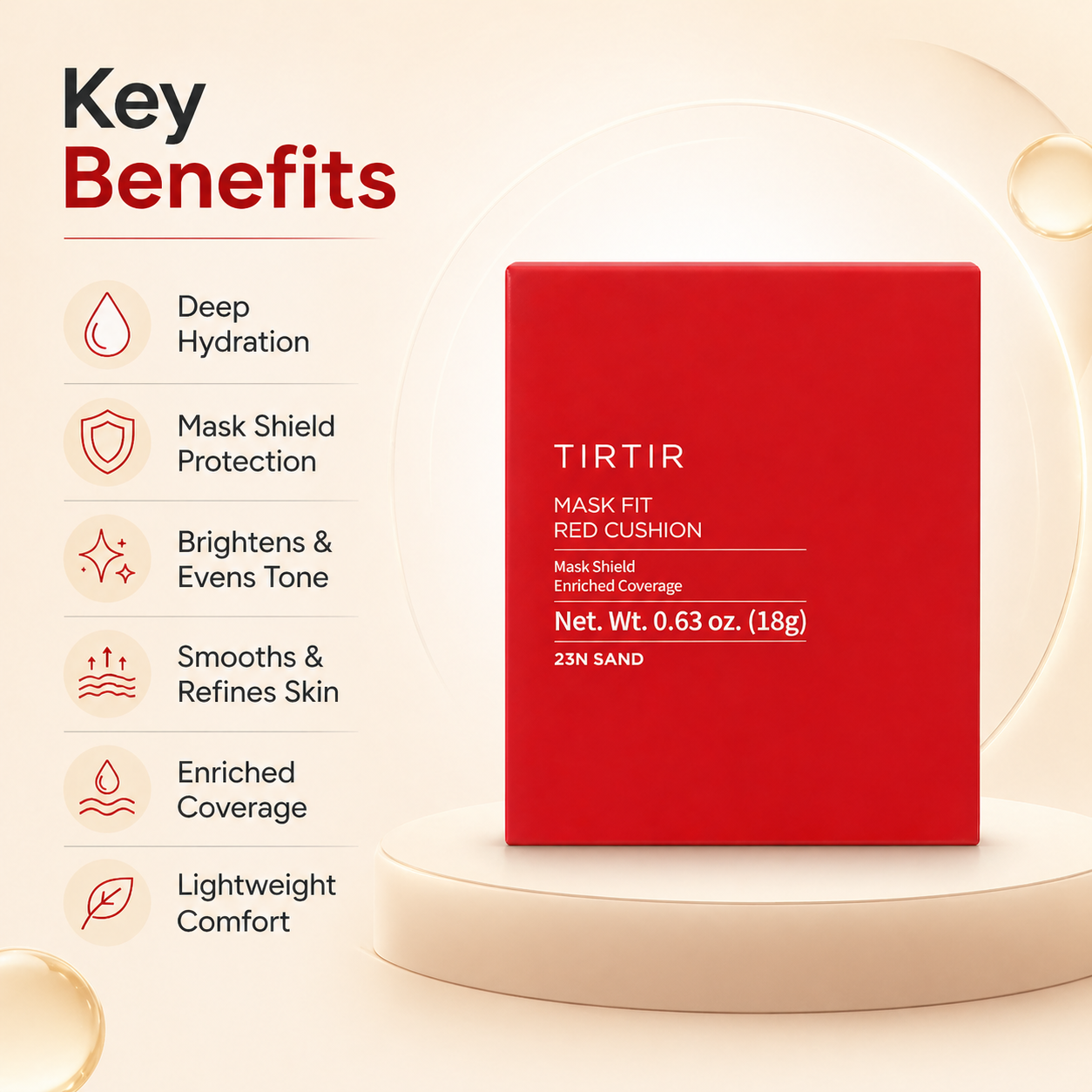TIRTIR Mask Fit Red Cushion 23N Sand cushion foundation 18g with full coverage formula for smooth, long-lasting and even skin tone finish