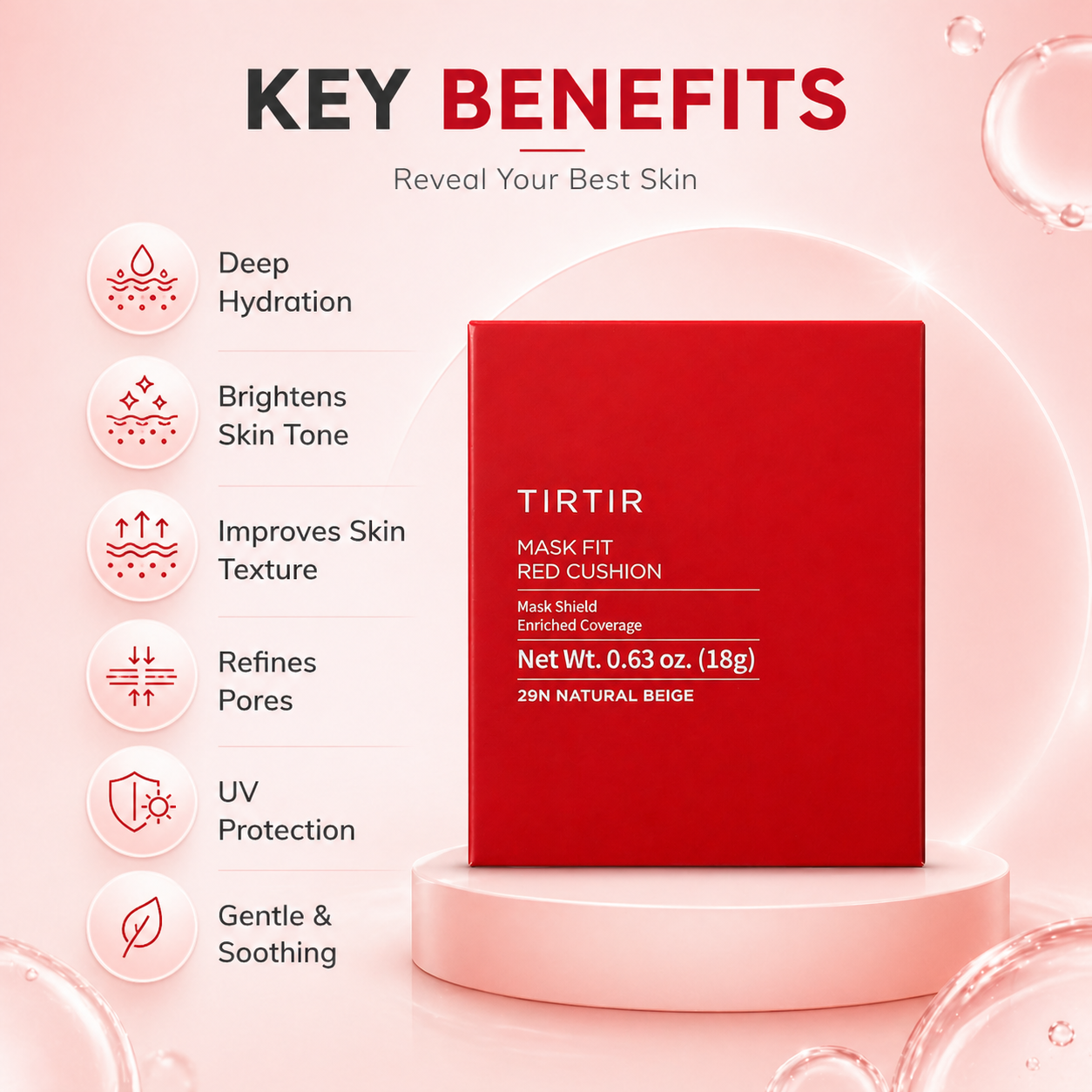 TIRTIR Mask Fit Red Cushion 29N Natural Beige cushion foundation 18g box with full coverage finish for smooth even skin tone