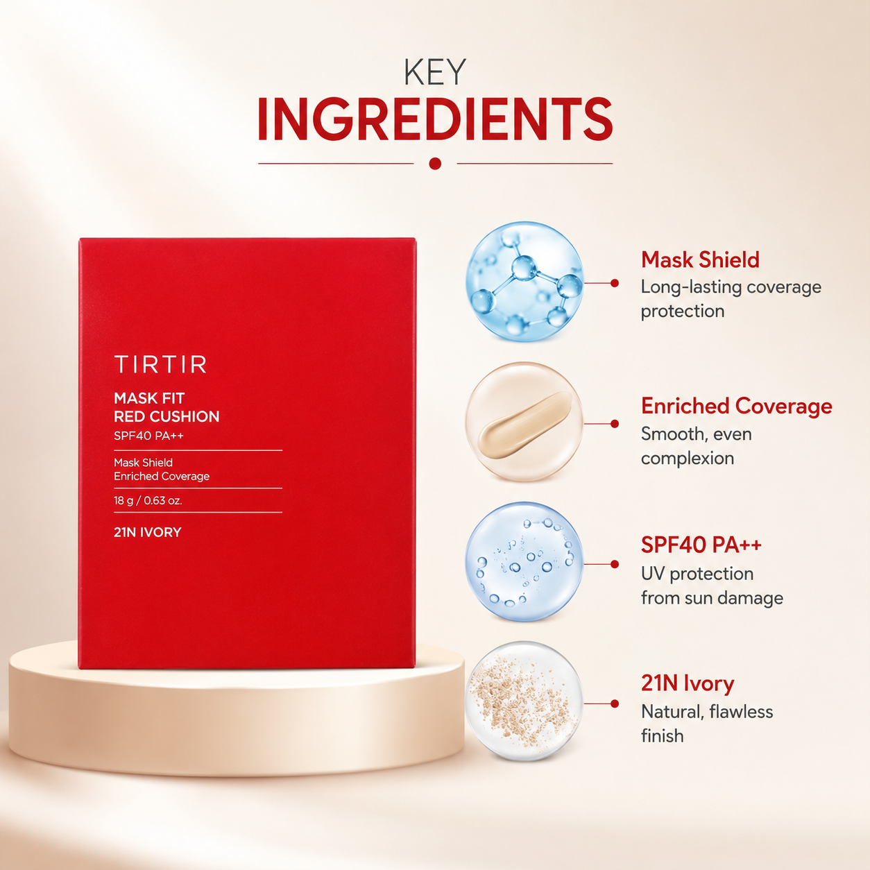 TIRTIR Mask Fit Red Cushion SPF40 PA++ 21N Ivory 18g cushion foundation with enriched coverage and UV protection