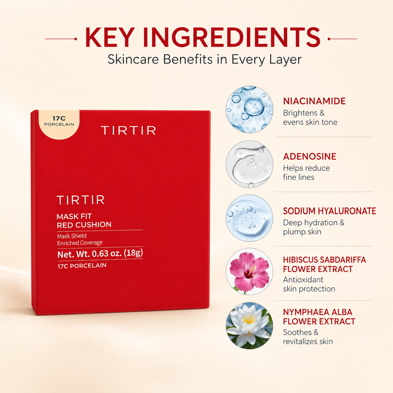 TIRTIR Mask Fit Red Cushion 18g cushion foundation providing full coverage with smooth long lasting finish for dry uneven skin