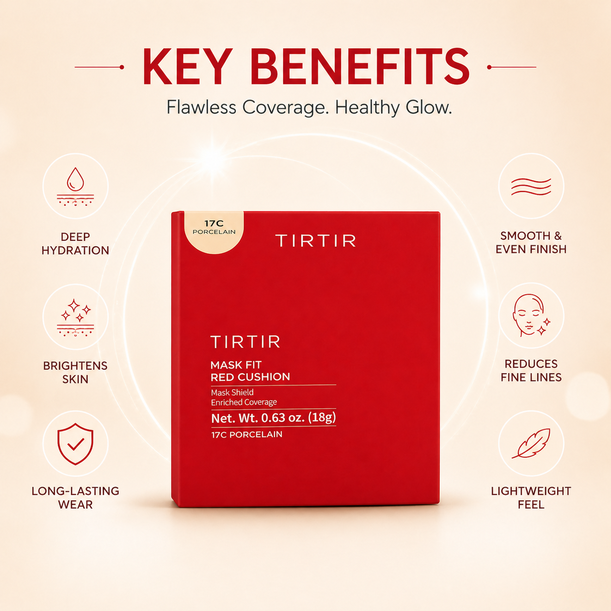 TIRTIR Mask Fit Red Cushion 18g cushion foundation providing full coverage with smooth long lasting finish for dry uneven skin