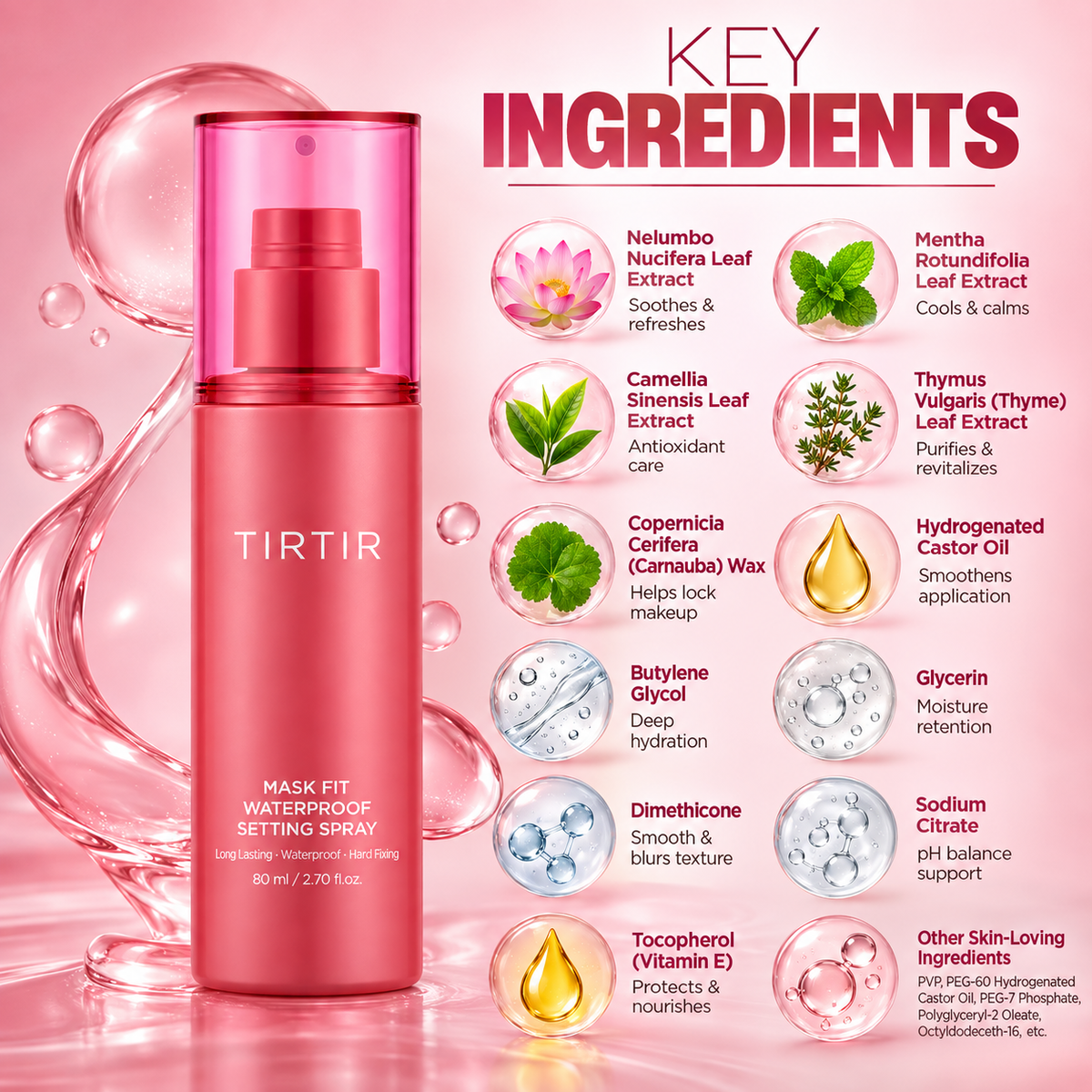 TIRTIR Mask Fit Waterproof Setting Spray 80ml for long-lasting, waterproof makeup setting and hard-fixing finish