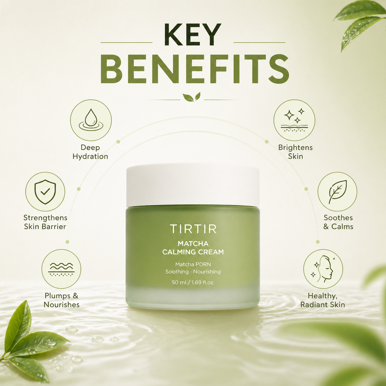 TIRTIR Matcha Calming Cream face moisturizer 50ml jar for soothing sensitive skin and strengthening the skin barrier