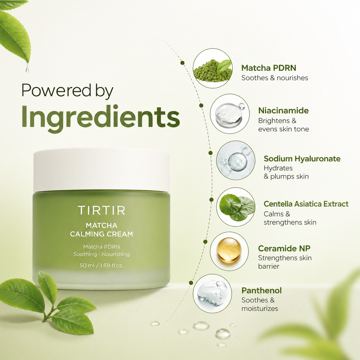 TIRTIR Matcha Calming Cream face moisturizer 50ml jar for soothing sensitive skin and strengthening the skin barrier