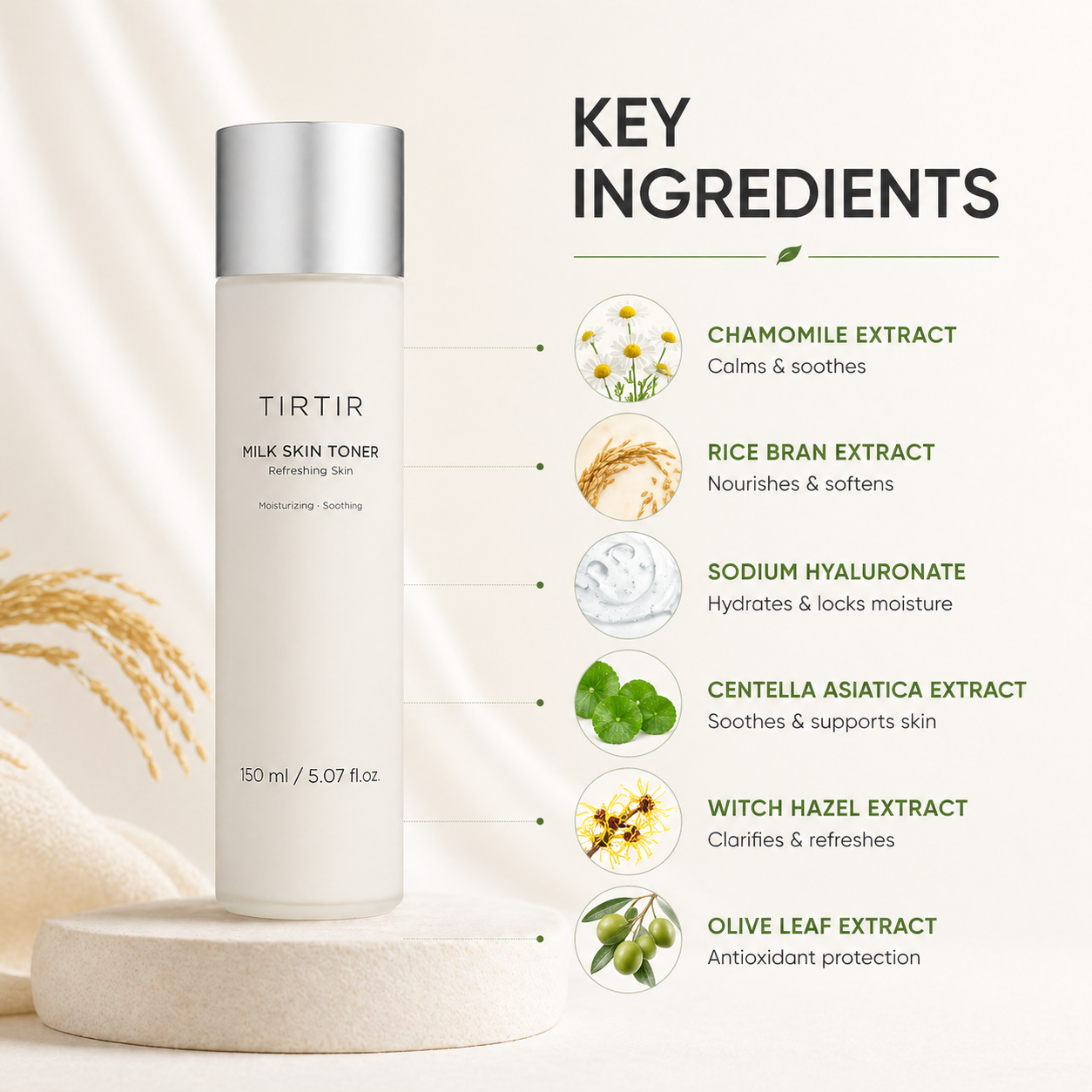 TIRTIR Milk Skin Toner hydrating face toner 150ml bottle for sensitive skin, designed to soothe irritation and improve skin hydration