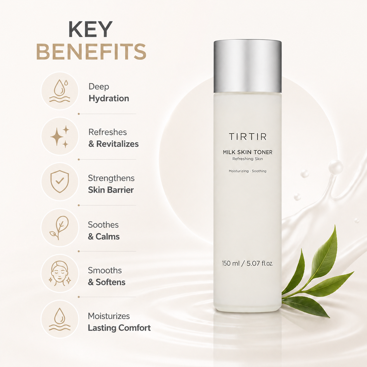 TIRTIR Milk Skin Toner hydrating face toner 150ml bottle for sensitive skin, designed to soothe irritation and improve skin hydration