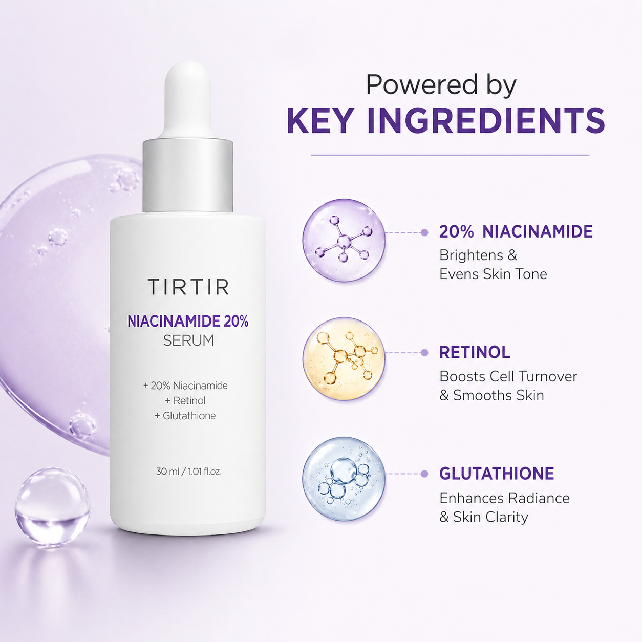 TIRTIR Niacinamide 20% Serum 30ml face serum for pore refining and skin brightening in a white dropper bottle