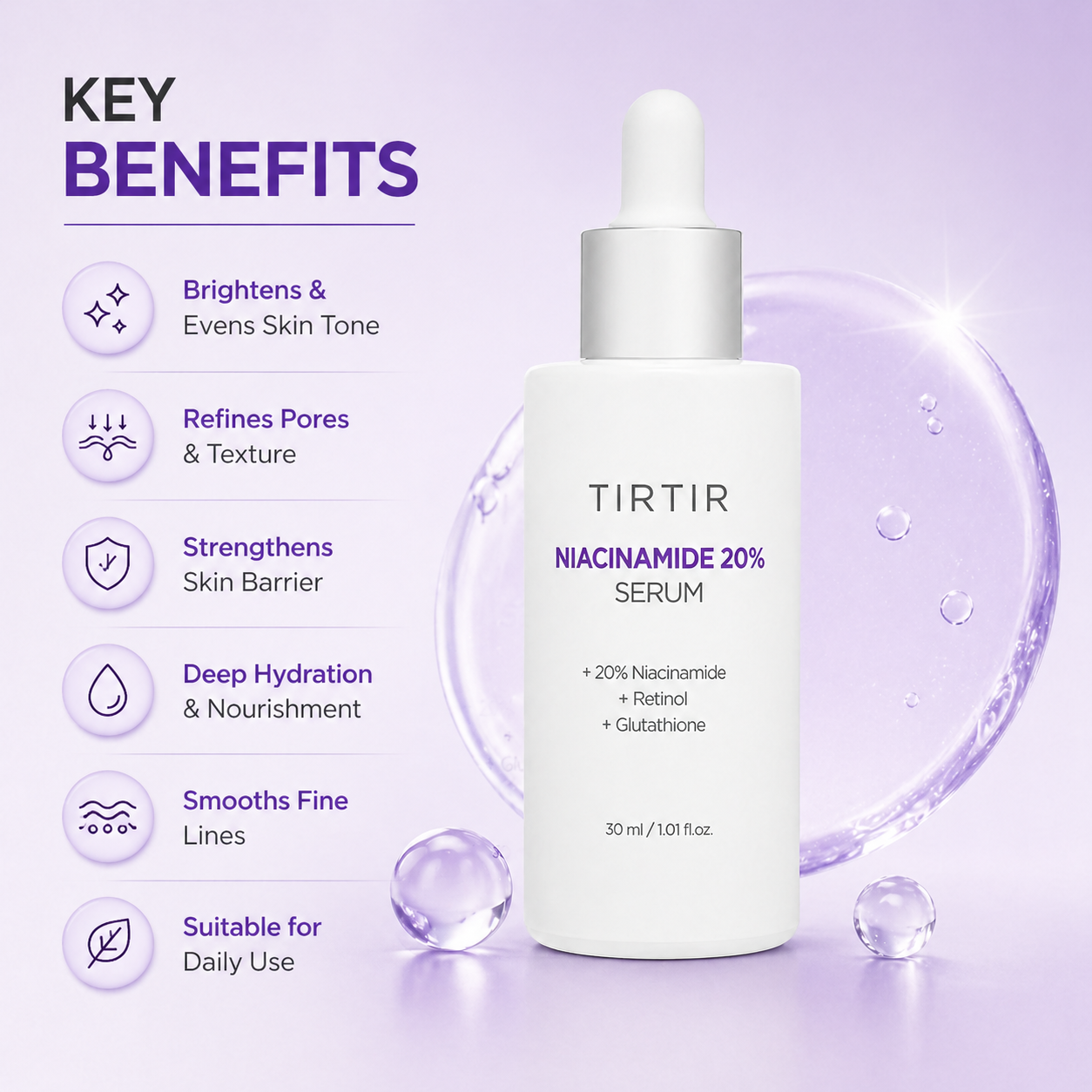 TIRTIR Niacinamide 20% Serum 30ml face serum for pore refining and skin brightening in a white dropper bottle