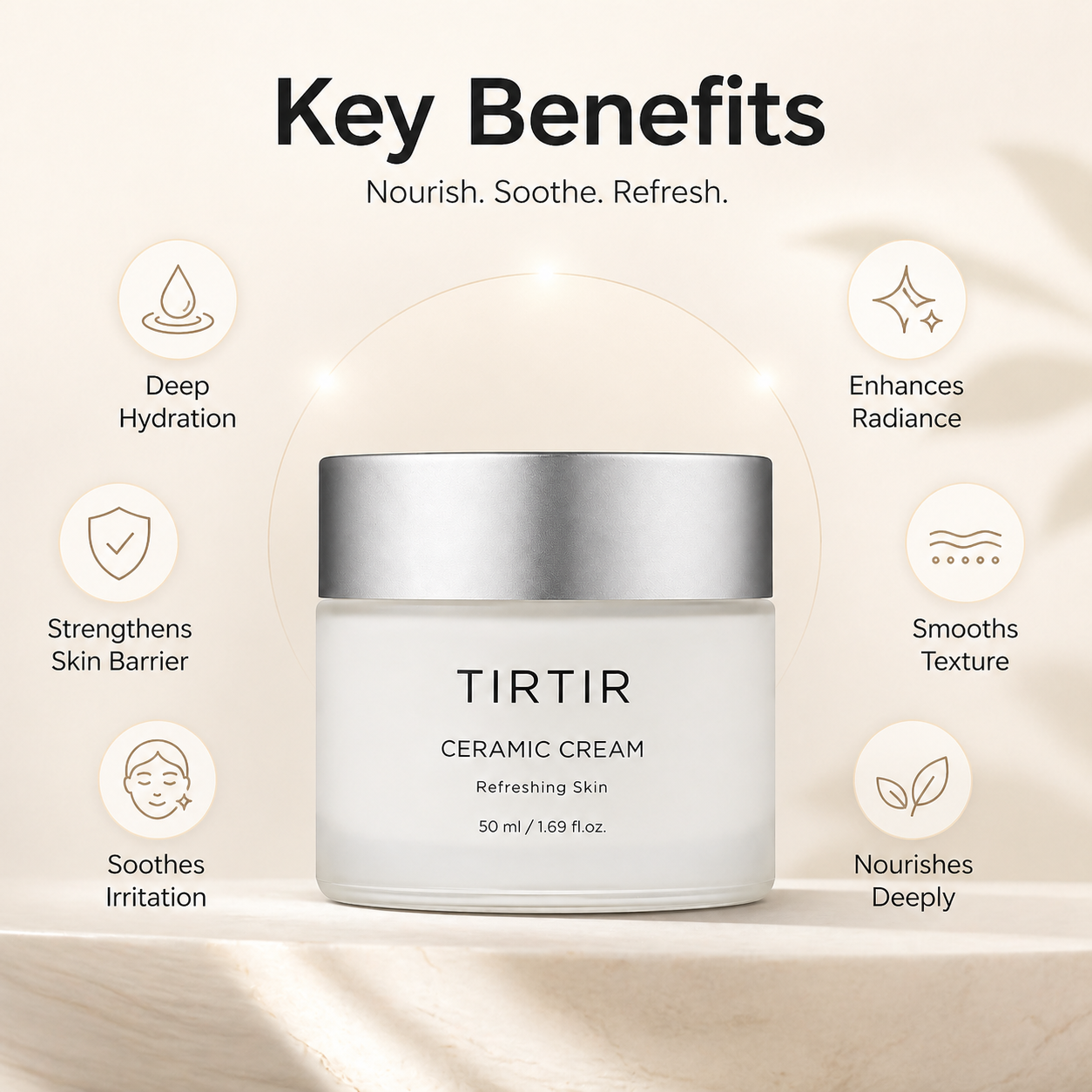 TIRTIR Ceramic Cream Refreshing Skin face moisturizer 50ml jar for deep hydration and skin barrier repair