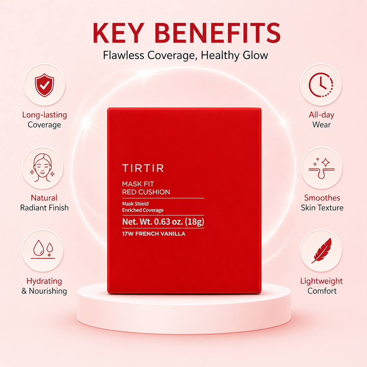 TIRTIR Mask Fit Red Cushion foundation 18g compact with full coverage finish for smooth and even skin tone