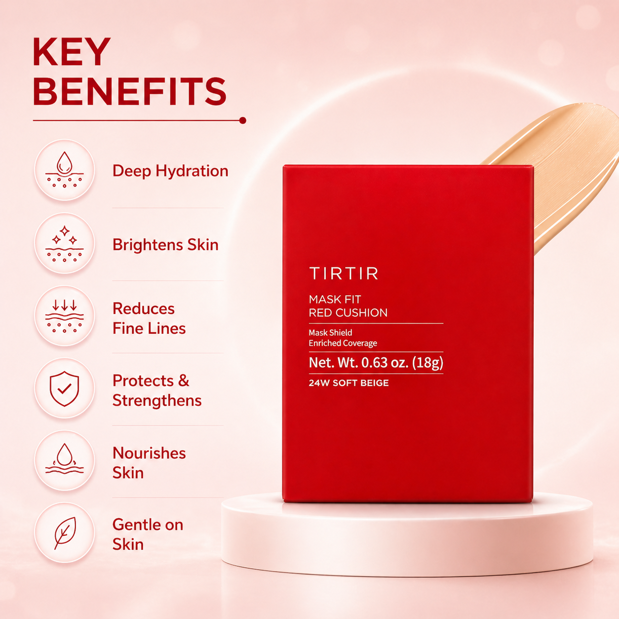 TIRTIR Mask Fit Red Cushion 24W Soft Beige cushion foundation 18g for full coverage and smooth even skin finish