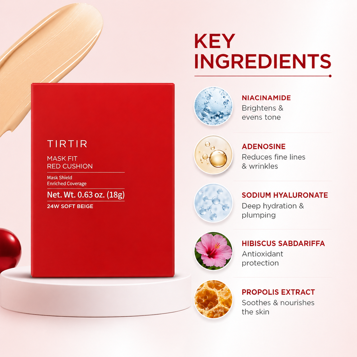 TIRTIR Mask Fit Red Cushion 24W Soft Beige cushion foundation 18g for full coverage and smooth even skin finish