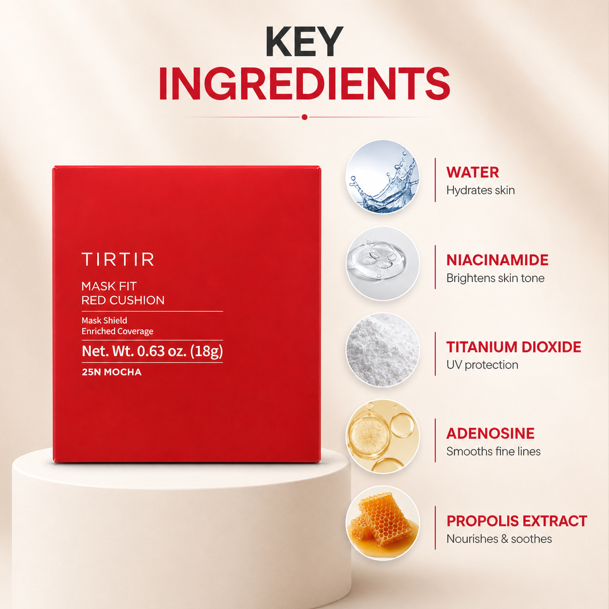 TIRTIR Mask Fit Red Cushion 25N Mocha cushion foundation 18g providing full coverage for uneven skin tone with a smooth finish