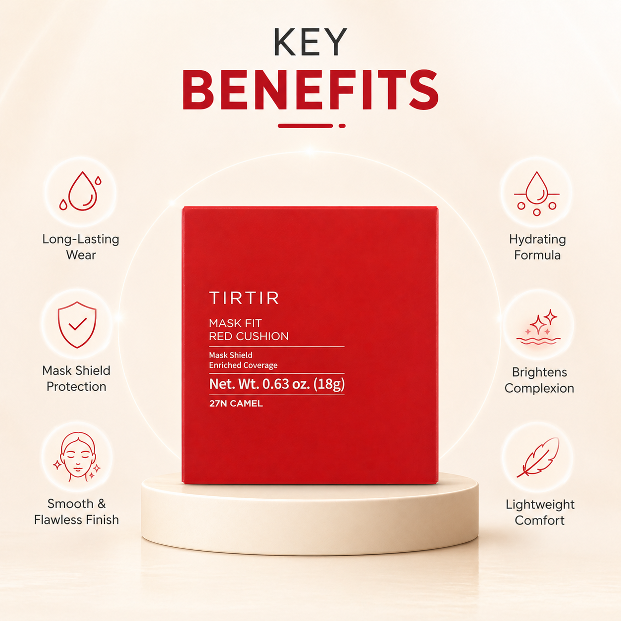 TIRTIR Mask Fit Red Cushion 27N Camel 18g compact cushion foundation offering full coverage and smooth long-lasting finish