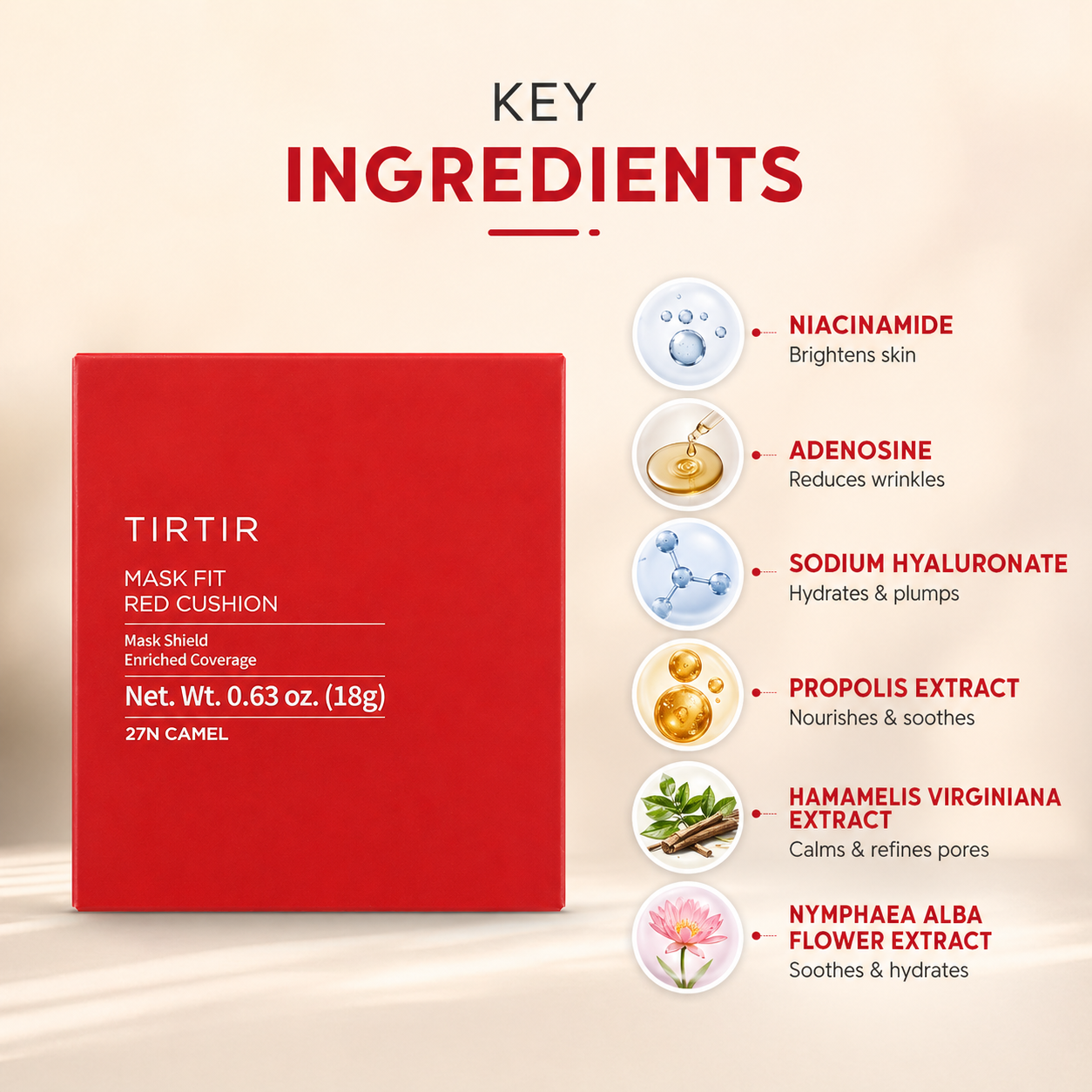 TIRTIR Mask Fit Red Cushion 27N Camel 18g compact cushion foundation offering full coverage and smooth long-lasting finish