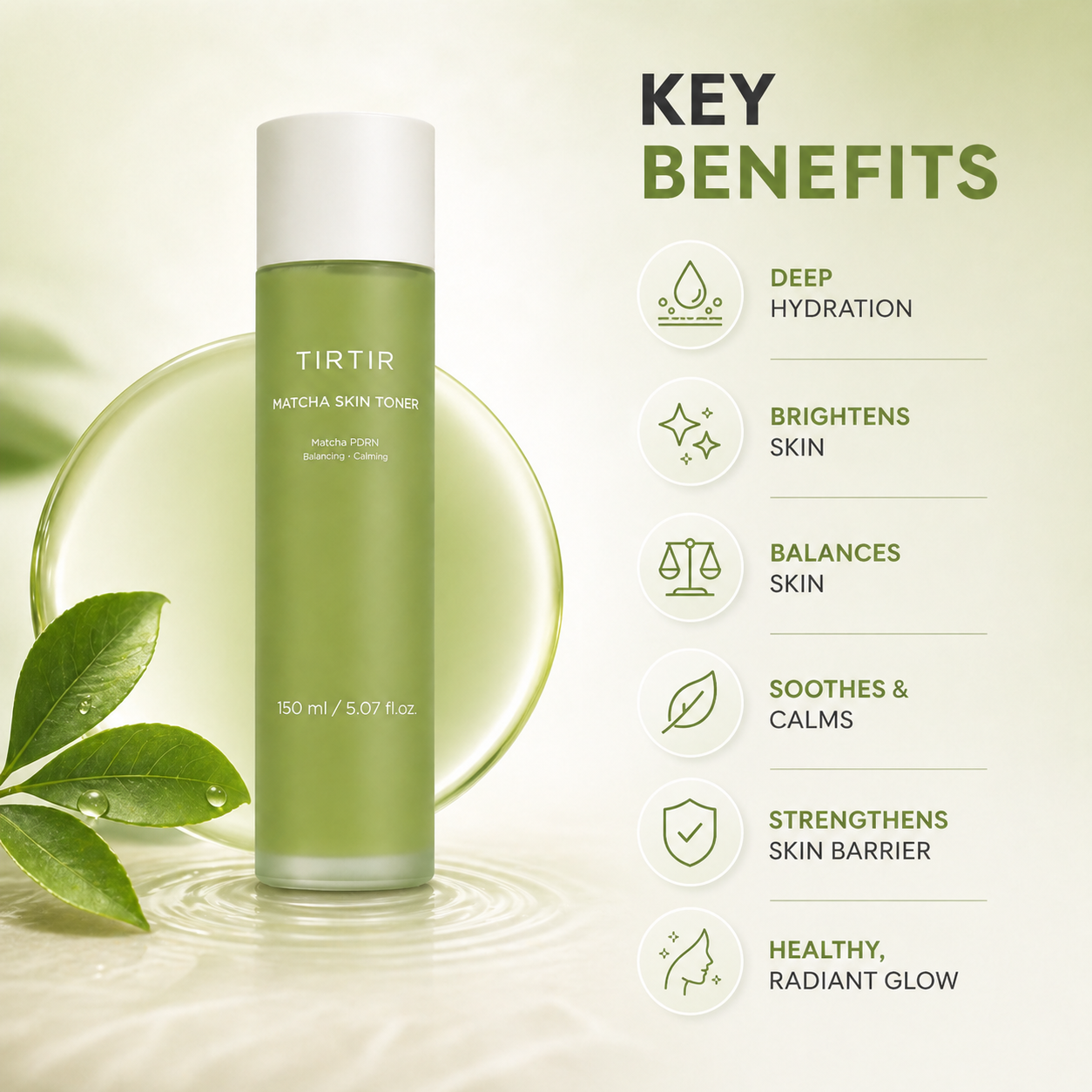 TIRTIR Matcha Skin Toner facial toner 150ml bottle, lightweight hydrating formula for soothing and balancing sensitive skin