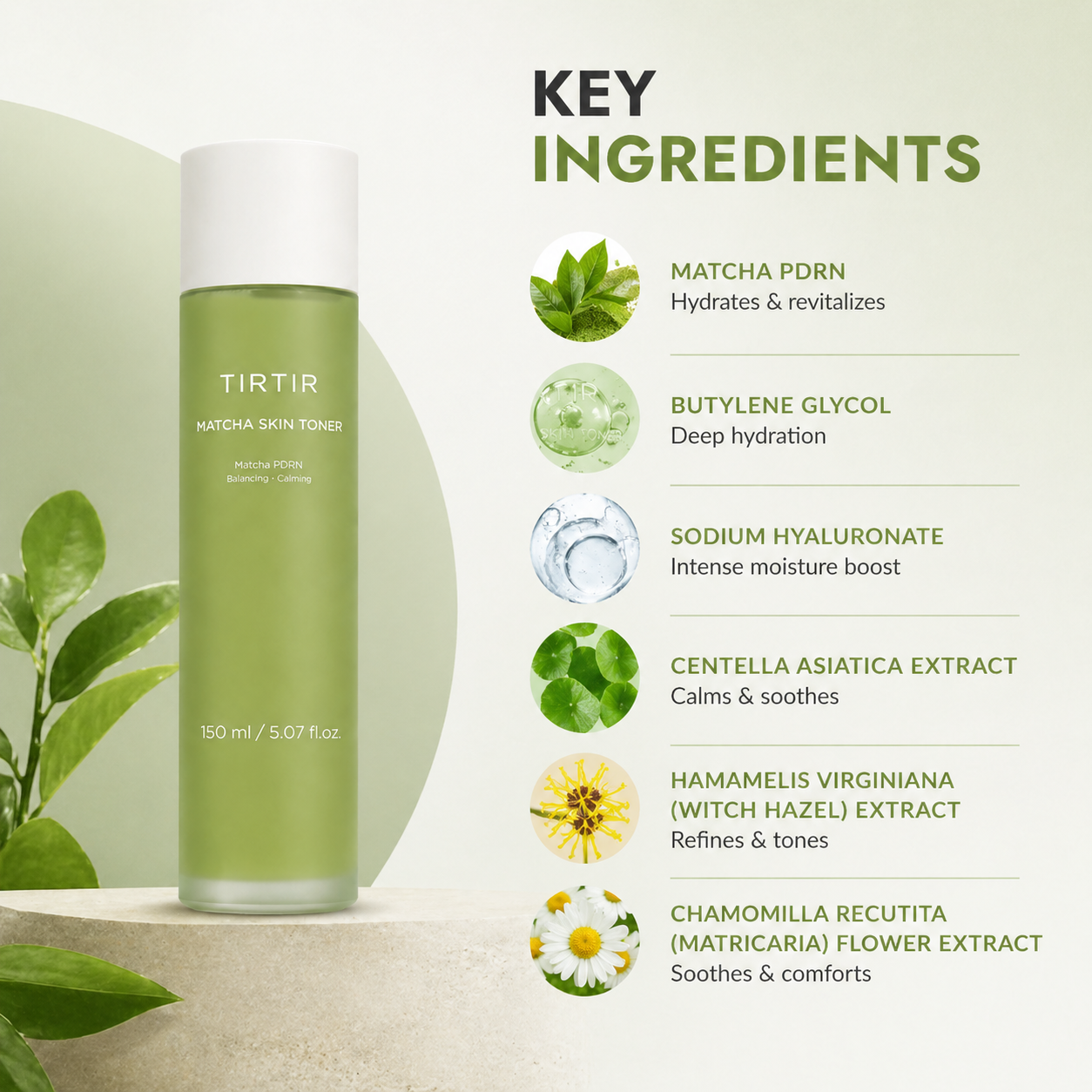 TIRTIR Matcha Skin Toner facial toner 150ml bottle, lightweight hydrating formula for soothing and balancing sensitive skin