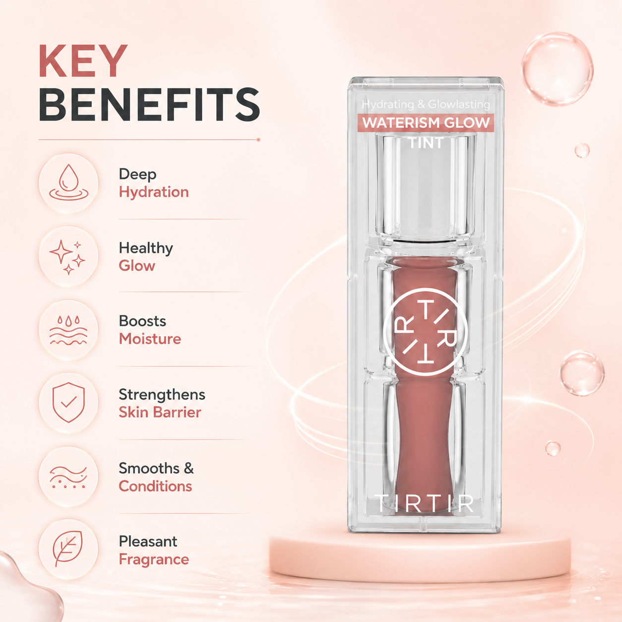 TIRTIR Waterism Glow Tint hydrating lip tint with glossy non-sticky finish for dry lips in clear packaging