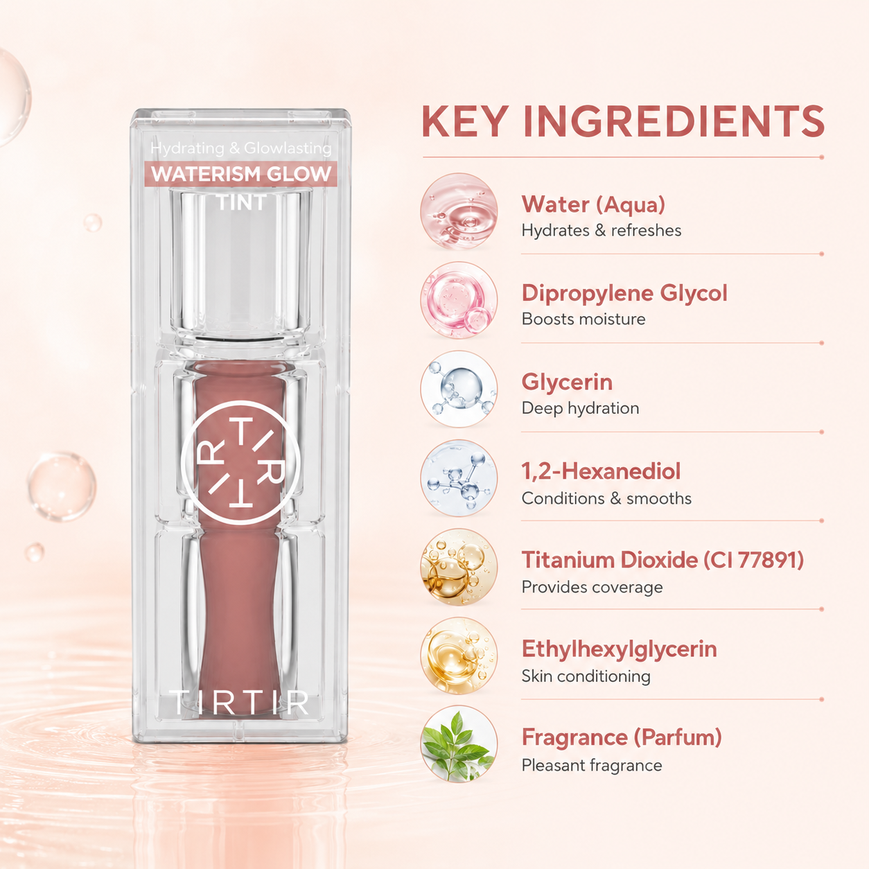 TIRTIR Waterism Glow Tint hydrating lip tint with glossy non-sticky finish for dry lips in clear packaging