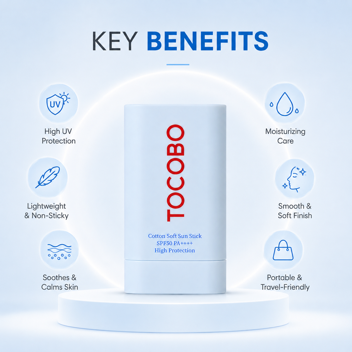 TOCOBO Cotton Soft Sun Stick SPF50 PA++++ High Protection 19g sunscreen stick with lightweight daily UV protection and soft matte finish.