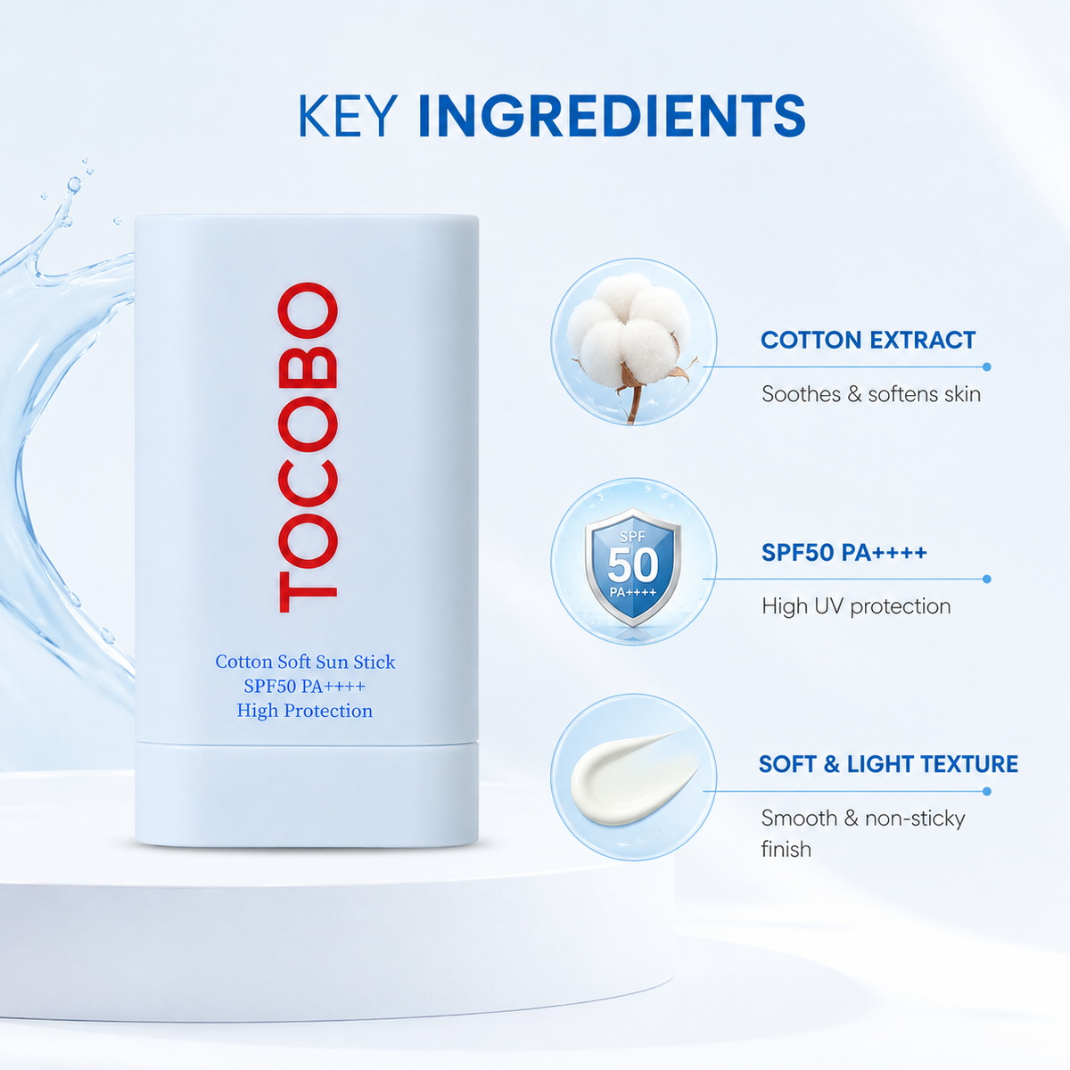 TOCOBO Cotton Soft Sun Stick SPF50 PA++++ High Protection 19g sunscreen stick with lightweight daily UV protection and soft matte finish.
