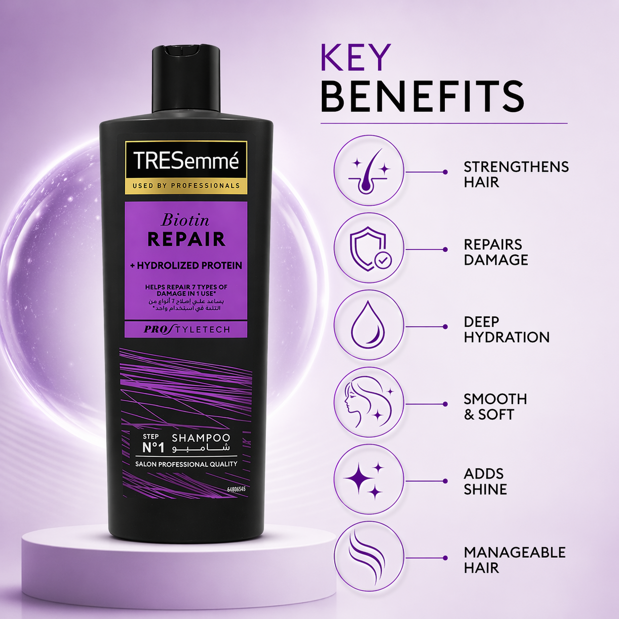 TRESemmé Biotin Repair Shampoo 400ml bottle for damaged hair with hydrolyzed protein for strengthening and repair
