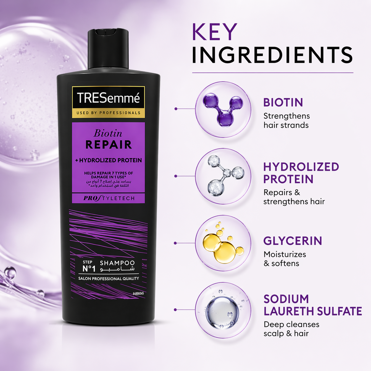 TRESemmé Biotin Repair Shampoo 400ml bottle for damaged hair with hydrolyzed protein for strengthening and repair