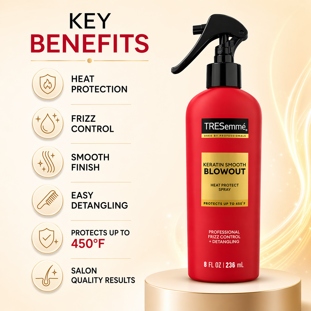TRESemmé Keratin Smooth Blowout Heat Protect Spray 236ml hair styling spray for frizz control and heat protection up to 450°F