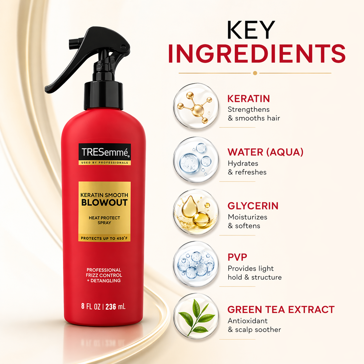 TRESemmé Keratin Smooth Blowout Heat Protect Spray 236ml hair styling spray for frizz control and heat protection up to 450°F