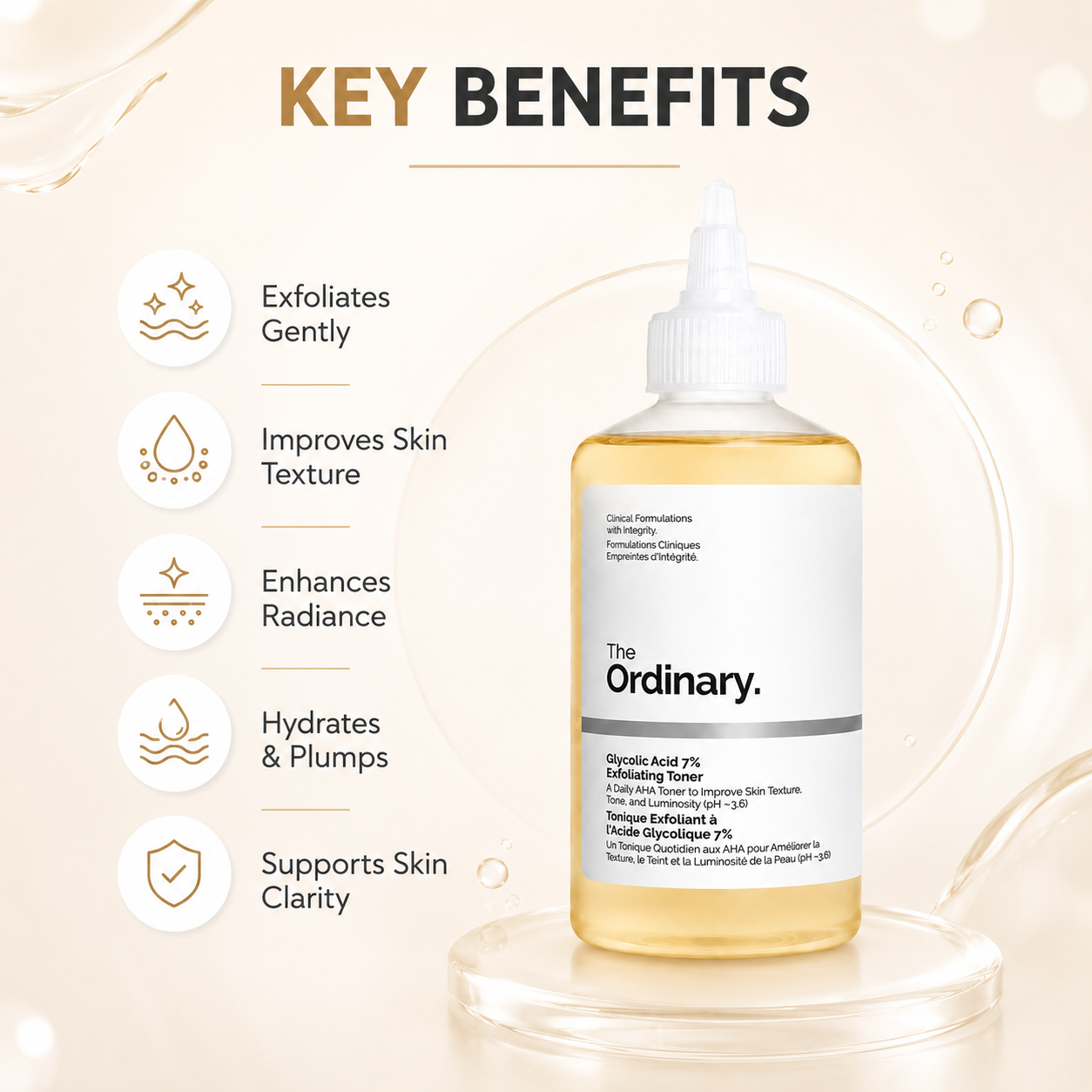 The Ordinary Glycolic Acid 7% Exfoliating Toner 240ml AHA facial toner bottle for smoother, brighter-looking skin and improved texture