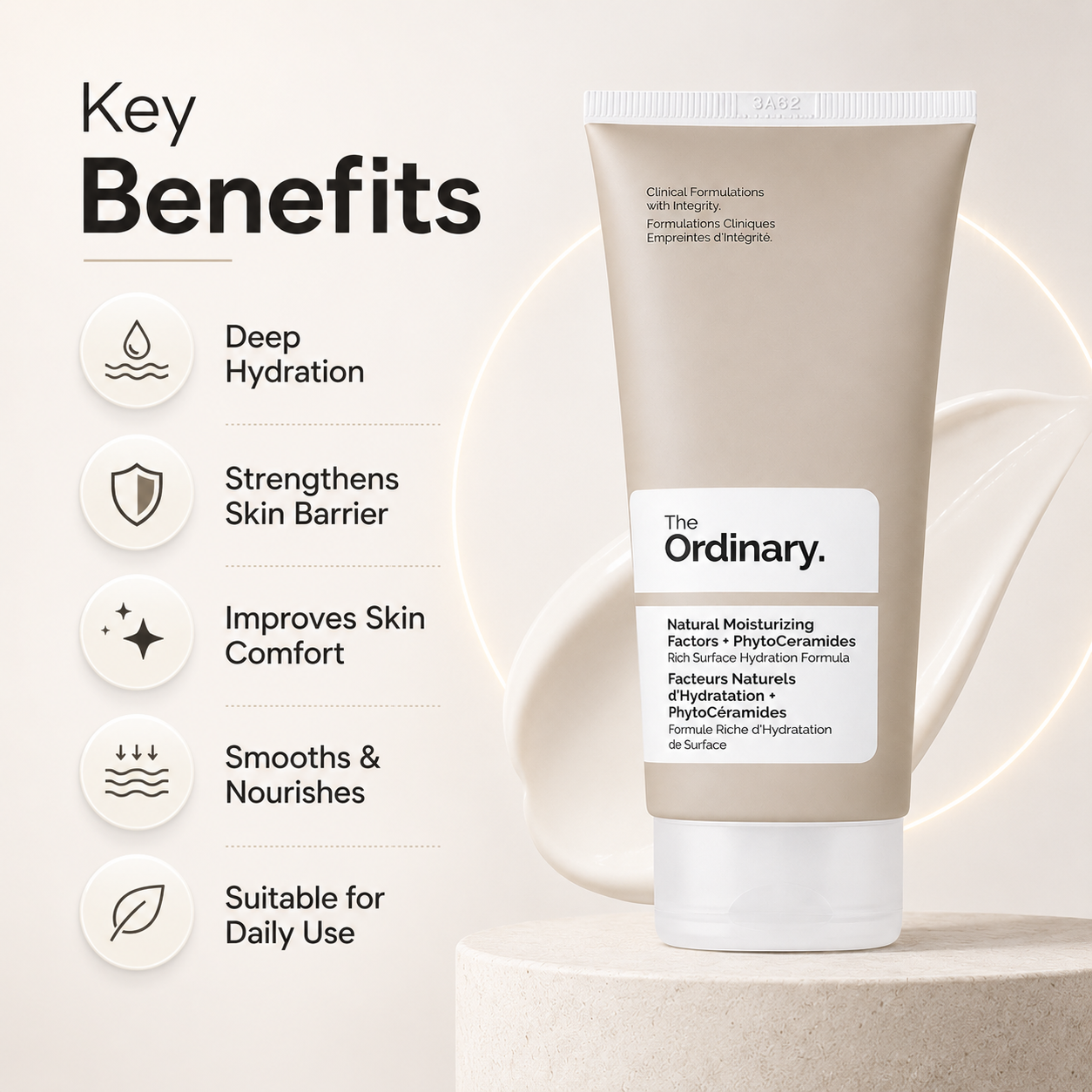 The Ordinary Natural Moisturizing Factors + PhytoCeramides Barrier Repair Moisturizer 100ml for deep hydration and skin barrier support.
