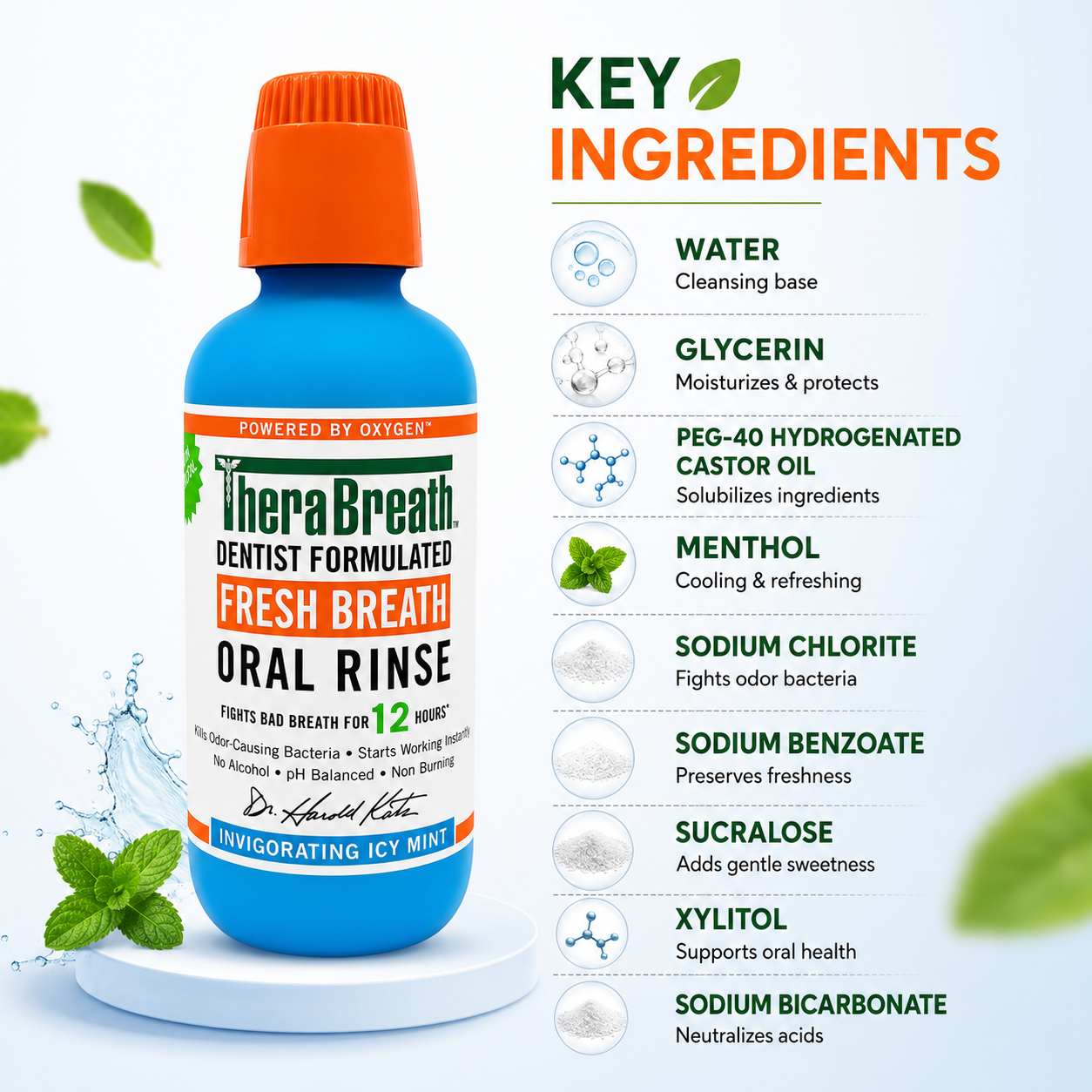 TheraBreath Fresh Breath Oral Rinse Invigorating Icy Mint mouthwash 473ml, alcohol-free formula for long-lasting fresh breath and oral care.