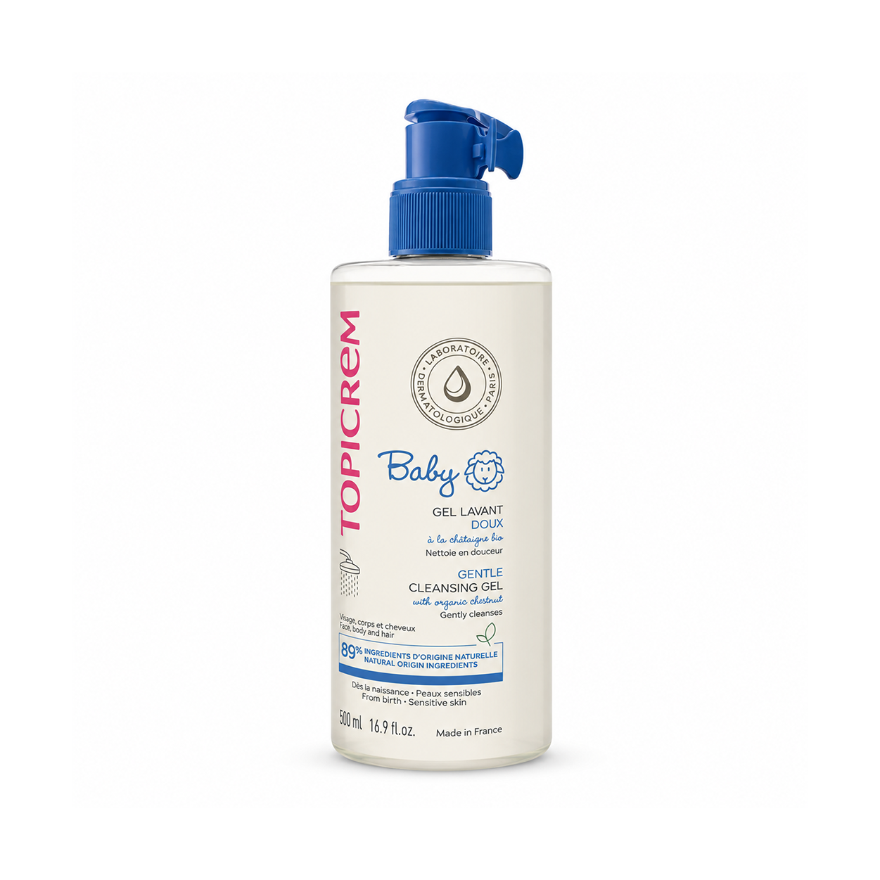 Topicrem Baby Gentle Cleansing Gel 500ml baby cleansing gel for face, body and hair, gently cleanses sensitive newborn skin and hair.