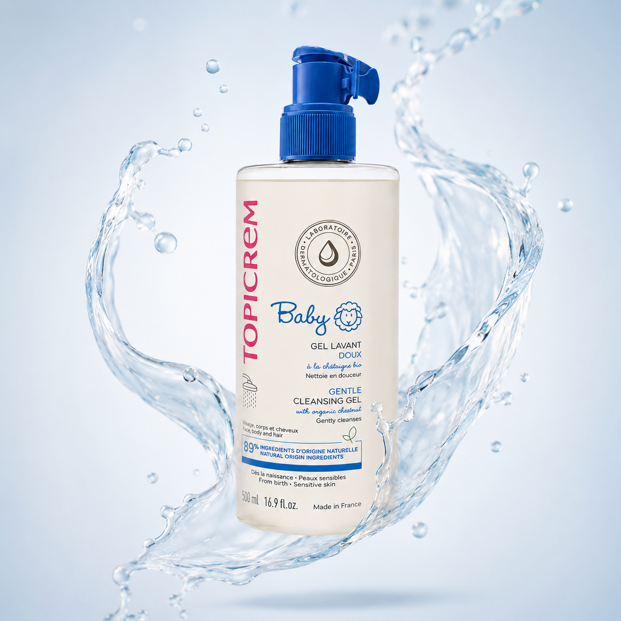 Topicrem Baby Gentle Cleansing Gel 500ml baby cleansing gel for face, body and hair, gently cleanses sensitive newborn skin and hair.