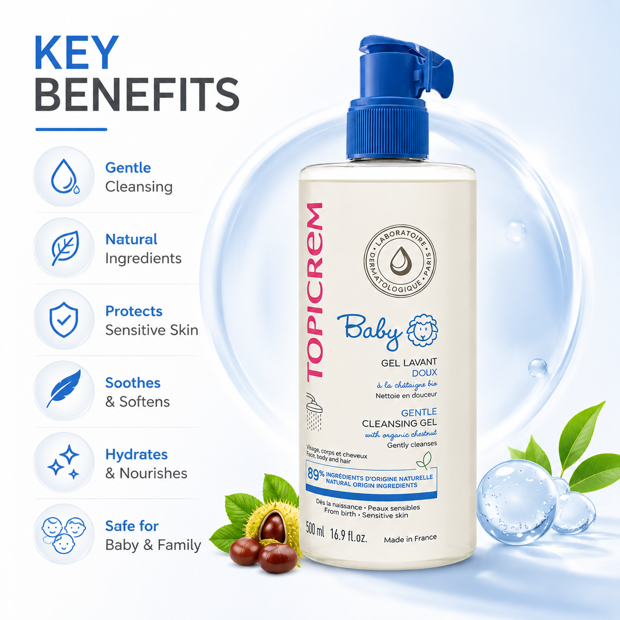 Topicrem Baby Gentle Cleansing Gel 500ml baby cleansing gel for face, body and hair, gently cleanses sensitive newborn skin and hair.