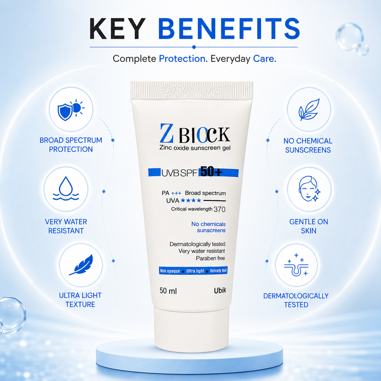 UBiK Z BLock Zinc Oxide Sunscreen Gel SPF 50+ 50ml lightweight mineral sunscreen for broad spectrum UV protection